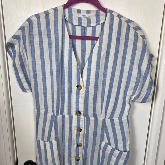 Mango Women's Blue Striped Linen Dress button up.  Blogger favorite Sz S - Picture 6 of 10